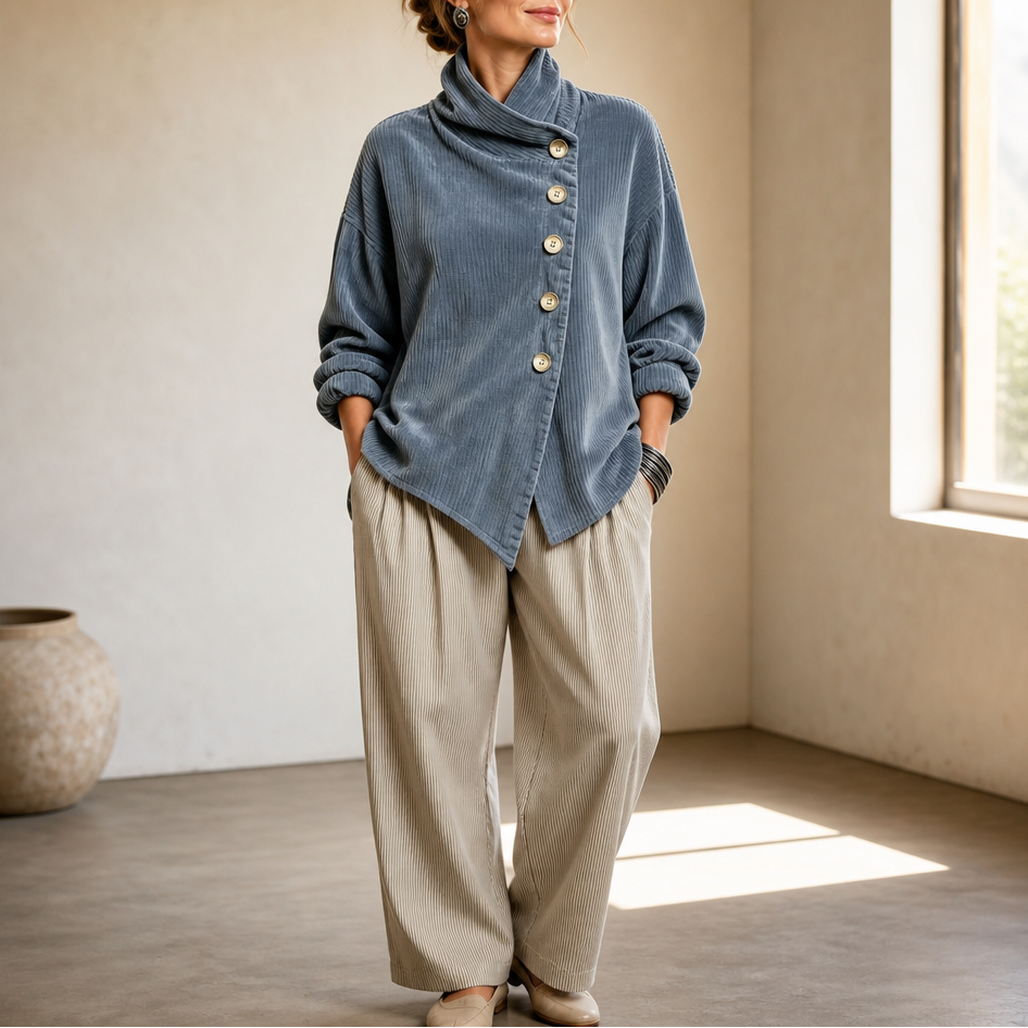 Slate blue corduroy top with funnel collar and asymmetric button front, long sleeves