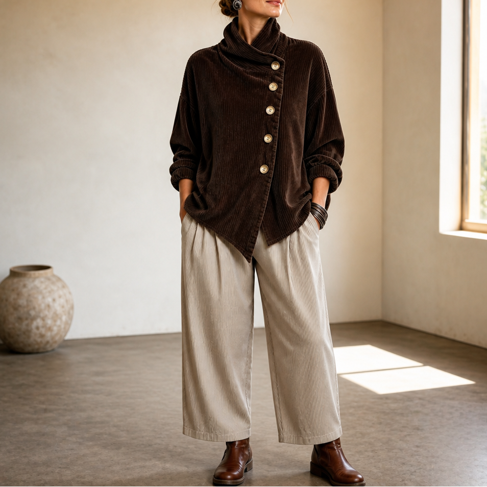 Brown corduroy top with funnel collar and asymmetric button front, long sleeves