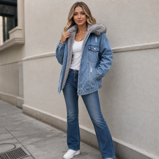 Light blue denim jacket with grey faux fur hood trim, chest pockets, long sleeves
