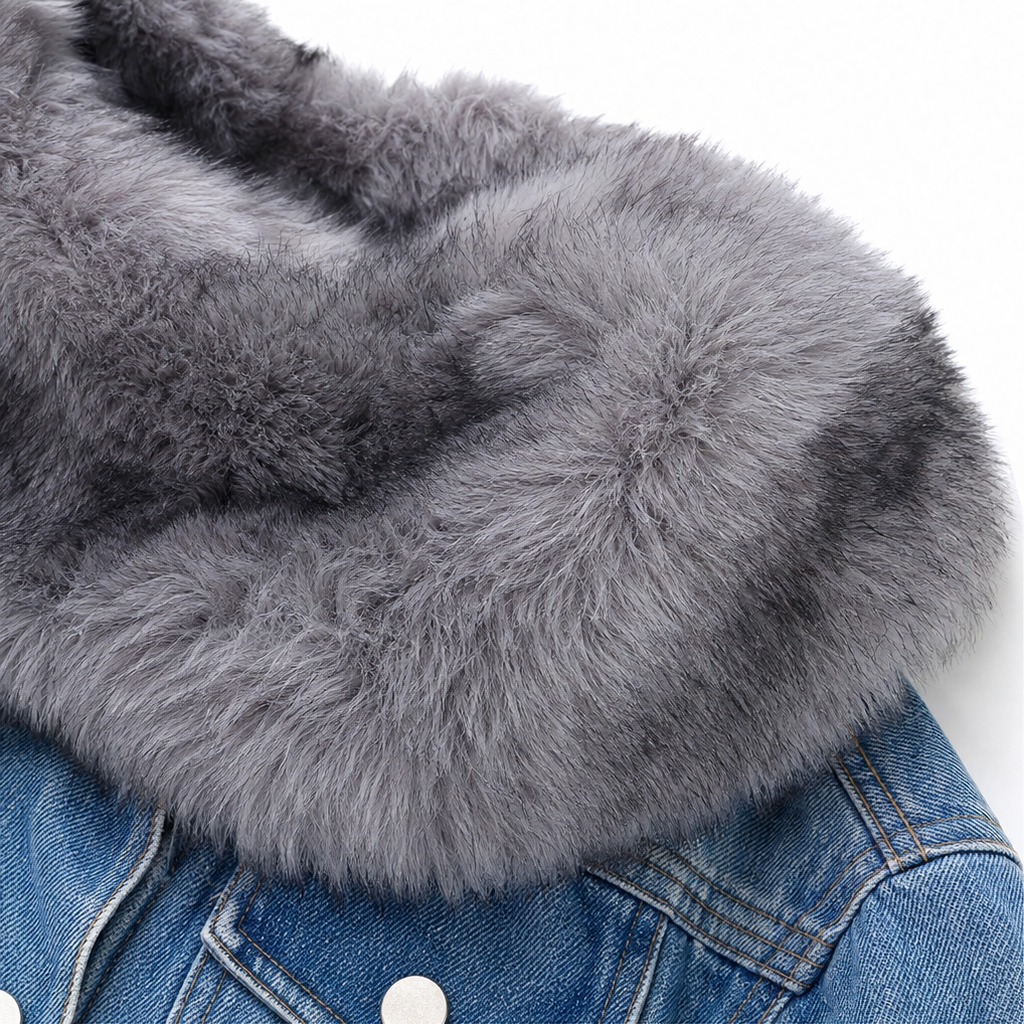 Fur-Collar Distressed Denim Jacket