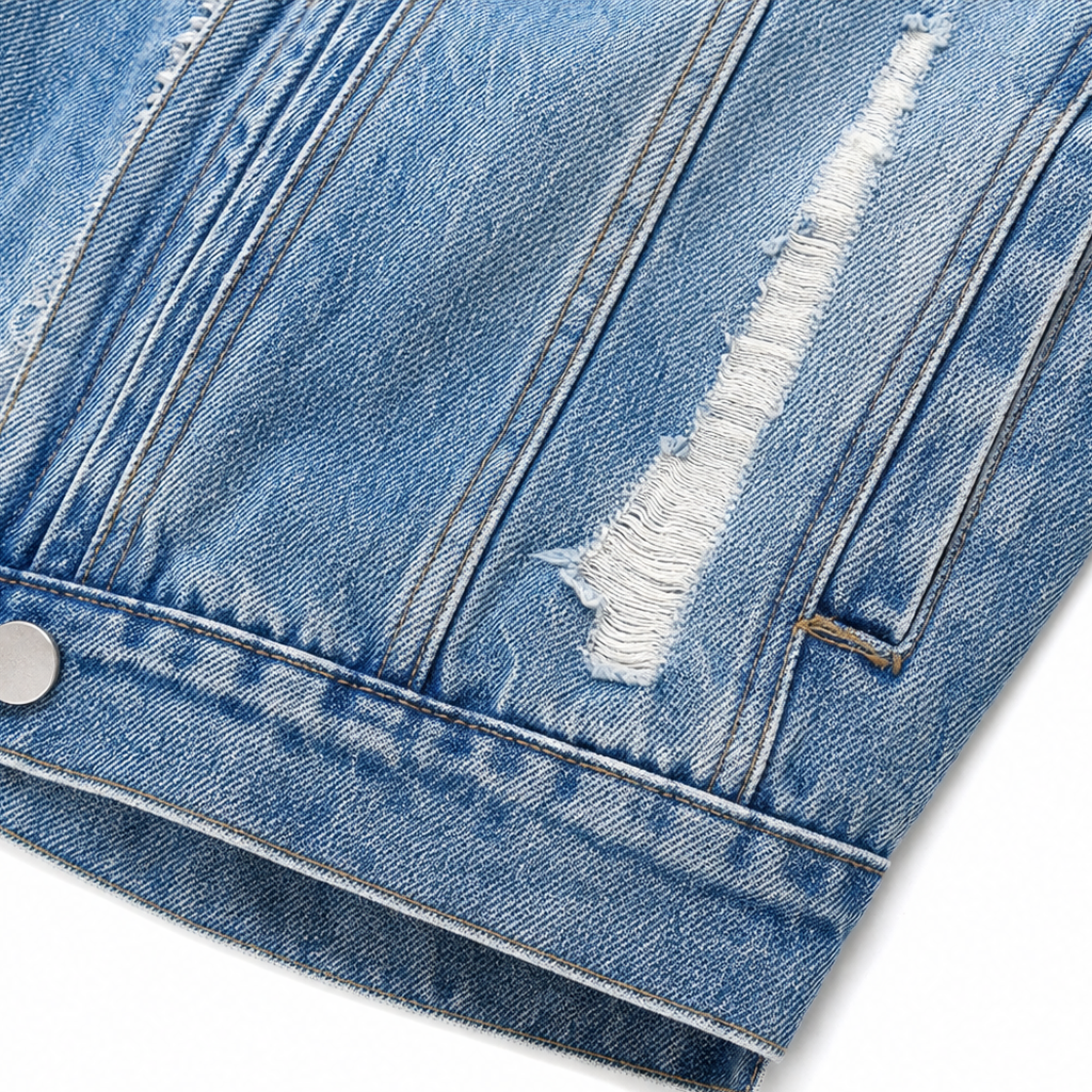 Fur-Collar Distressed Denim Jacket