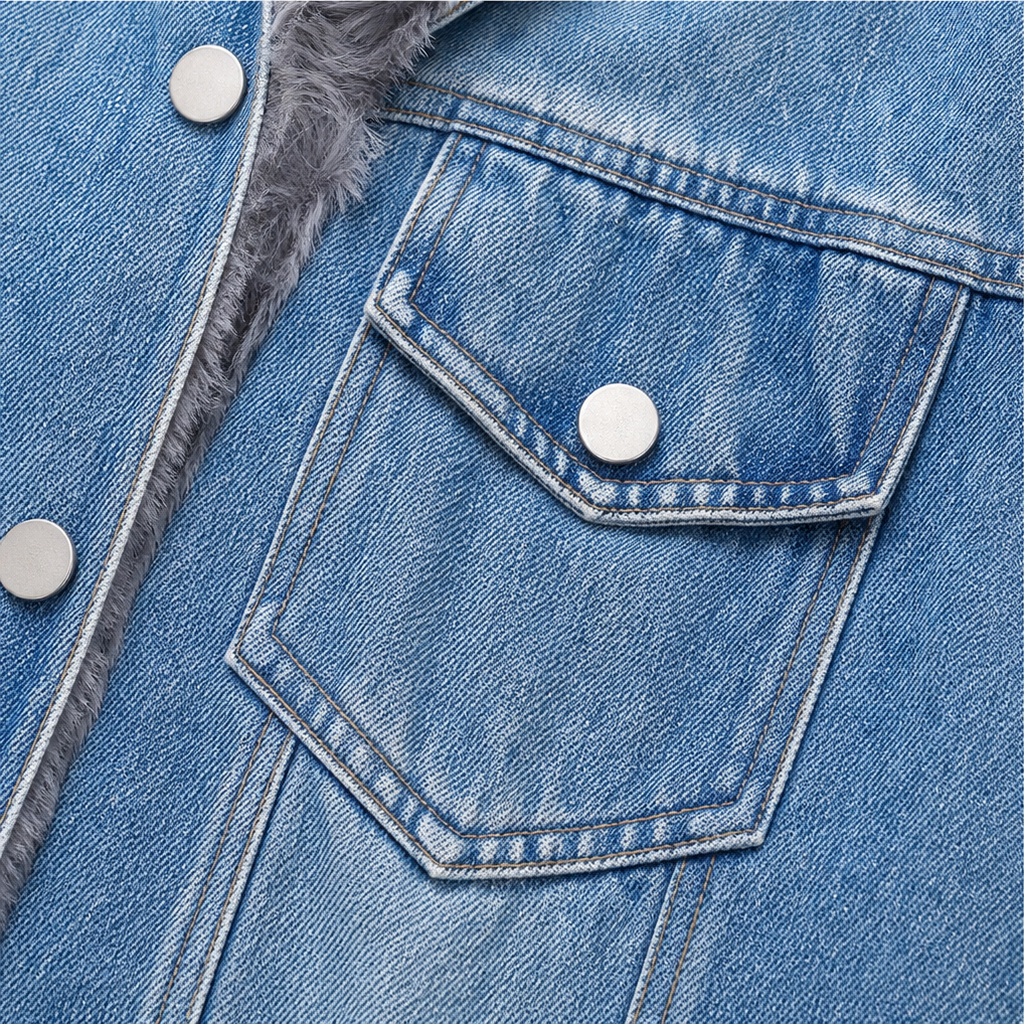 Fur-Collar Distressed Denim Jacket
