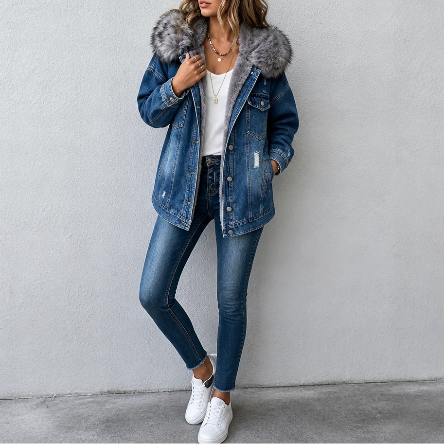 Fur-Collar Distressed Denim Jacket