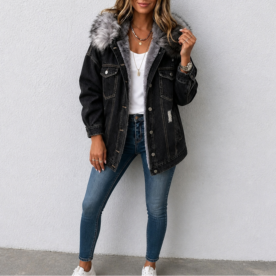 Fur-Collar Distressed Denim Jacket