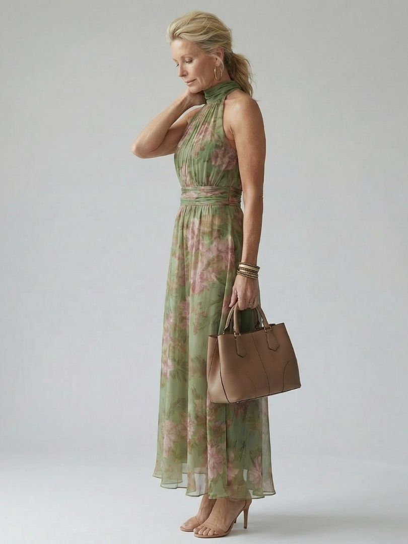 Sage green floral halter midi dress with gathered waist and flowing chiffon hem