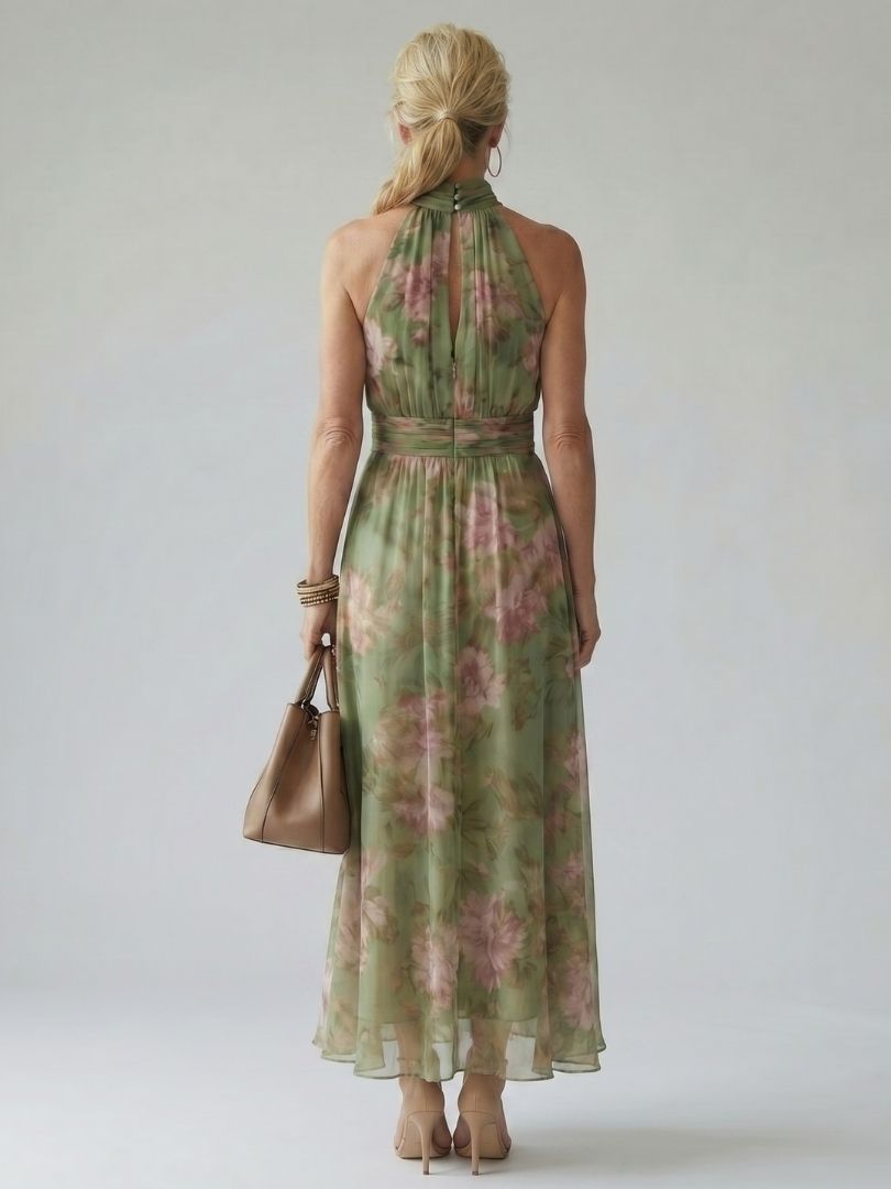 Sage green floral halter midi dress, open back with gathered waist