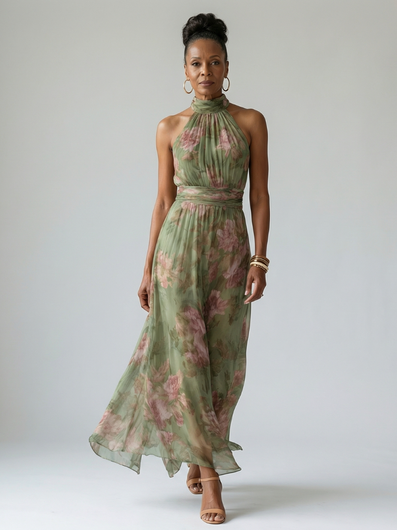 Sage green floral halter midi dress with gathered neckline and skirt with soft drape