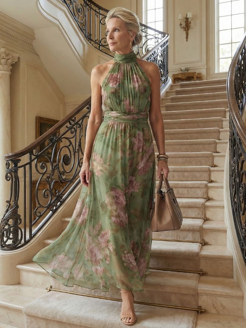Sage green floral halter midi dress with ruched neck, gathered waist, and floaty skirt