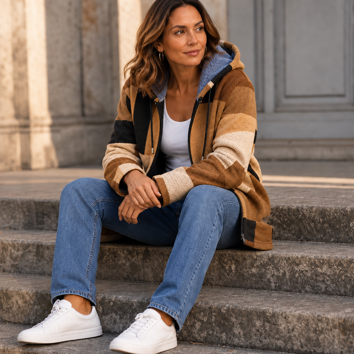 Tan geometric hooded jacket sitting style, blue jeans worn with zip front and pockets.