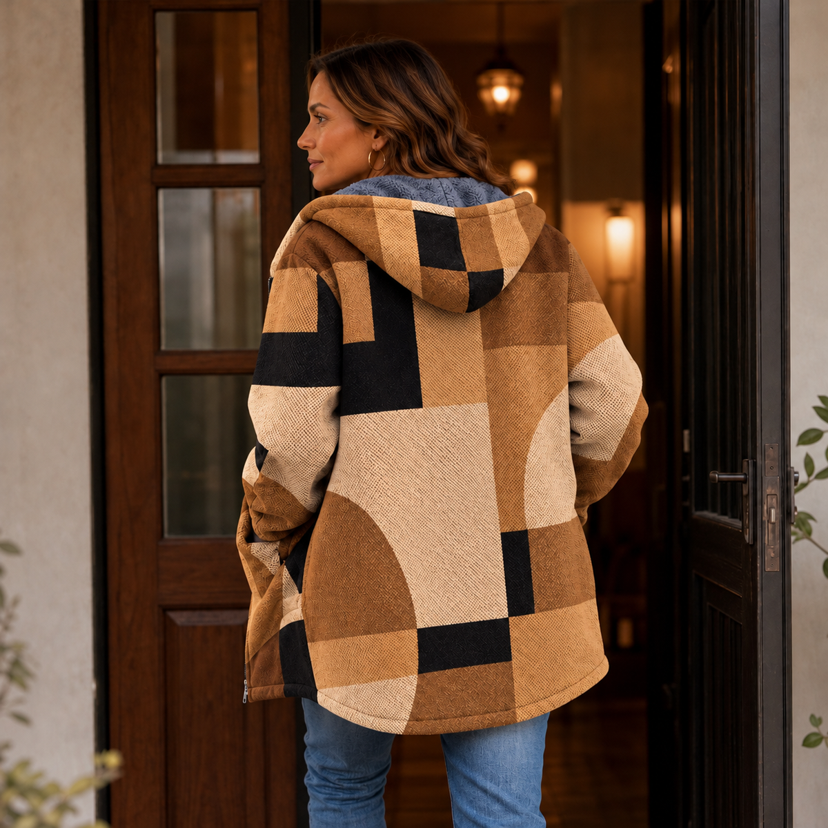 Back view of tan geometric color-block hooded jacket with zip closure.