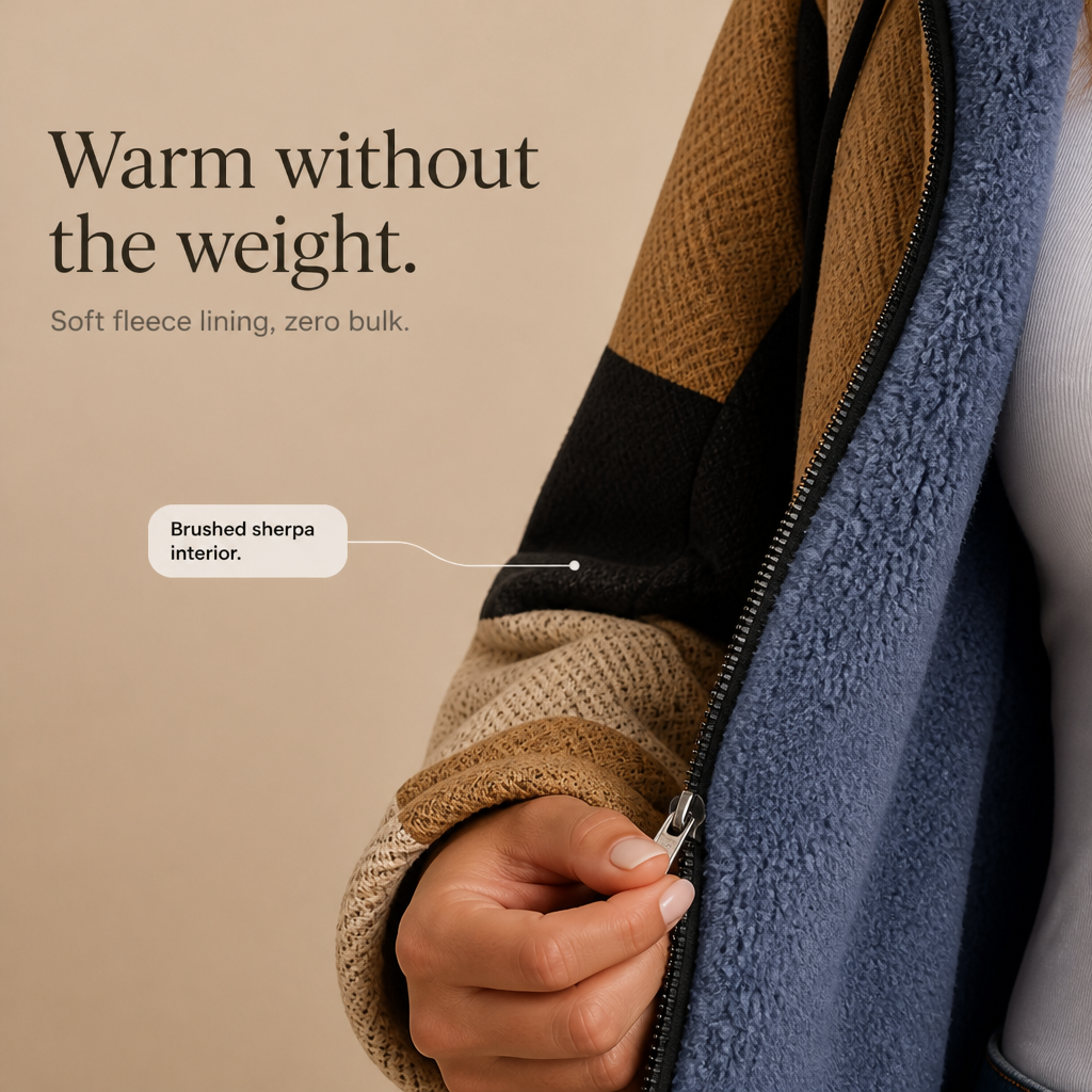 Close-up of tan and black jacket zipper with blue sherpa lining at edge.