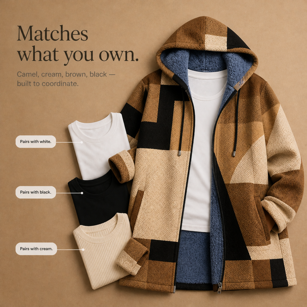 Tan geometric hooded jacket with blue inner hood lining and zip front detail.