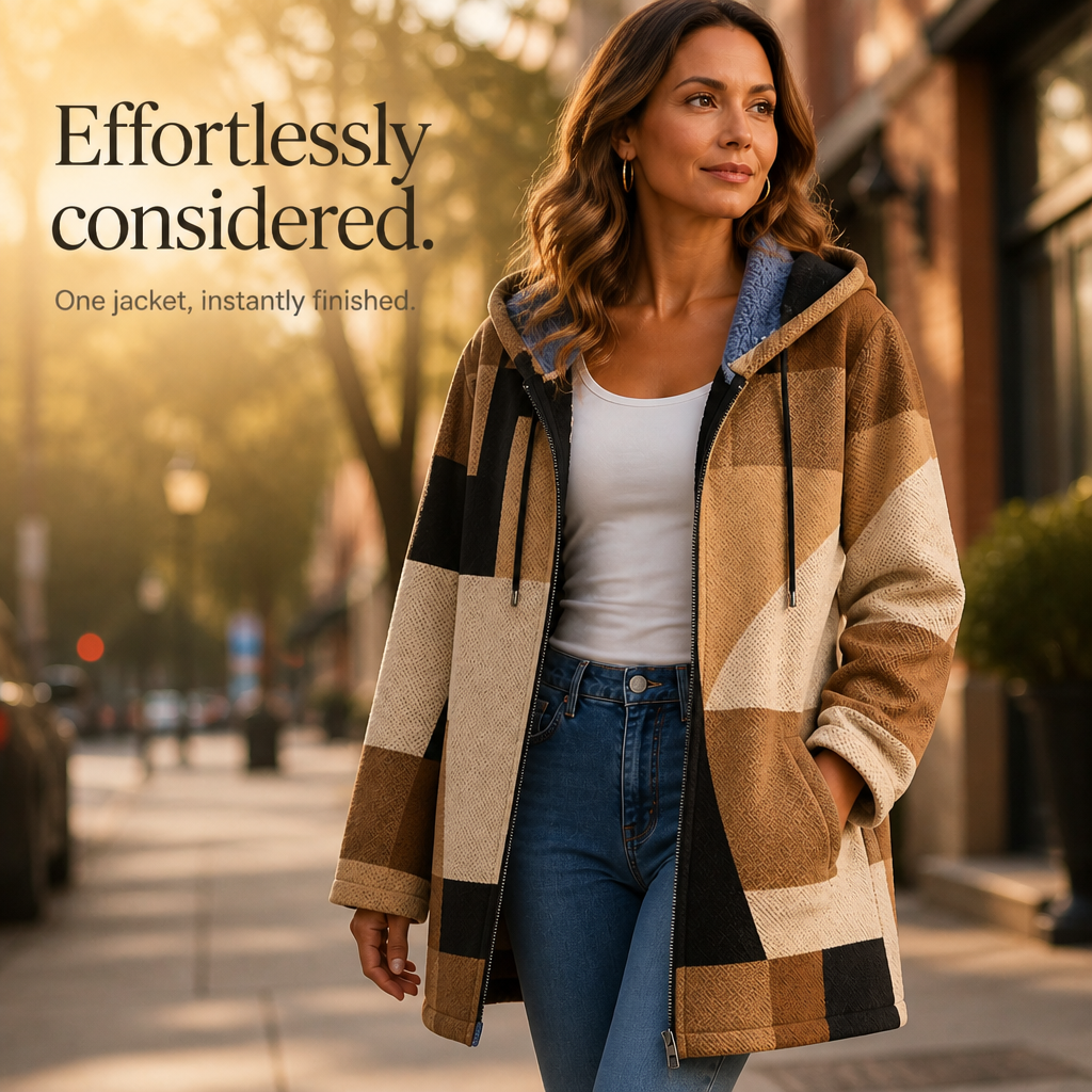 Tan geometric color-block hooded jacket worn over white top with zip front.