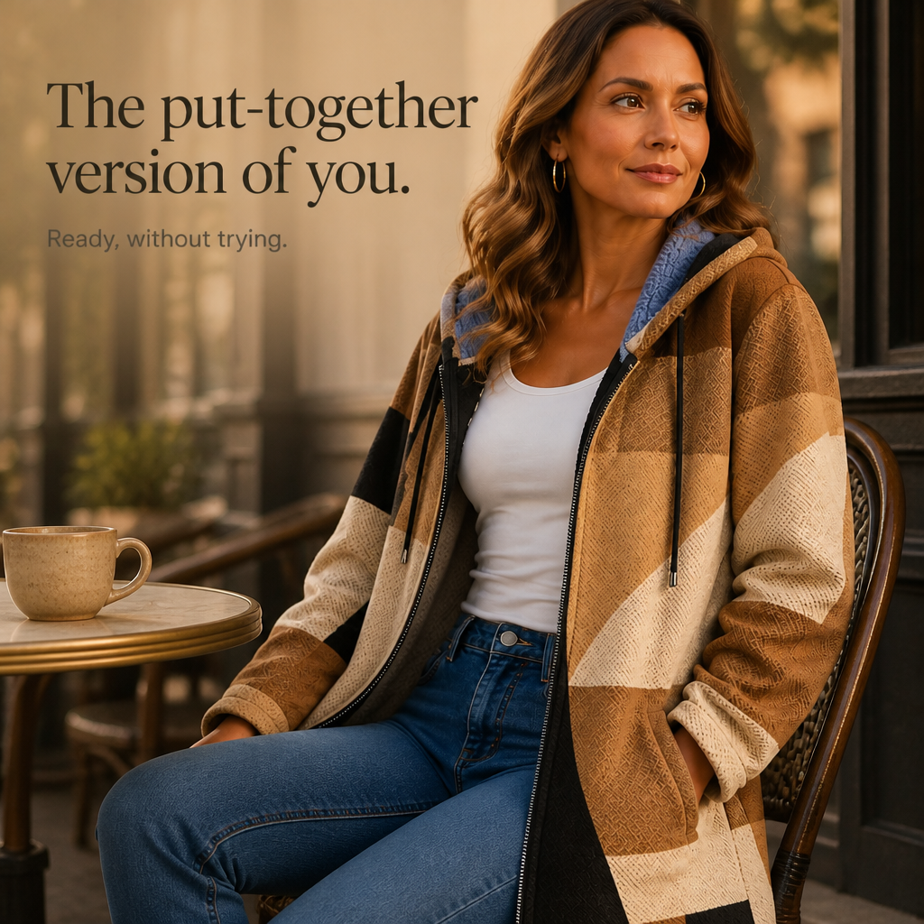Tan geometric hooded jacket with zip front and blue-lined hood, sitting pose.