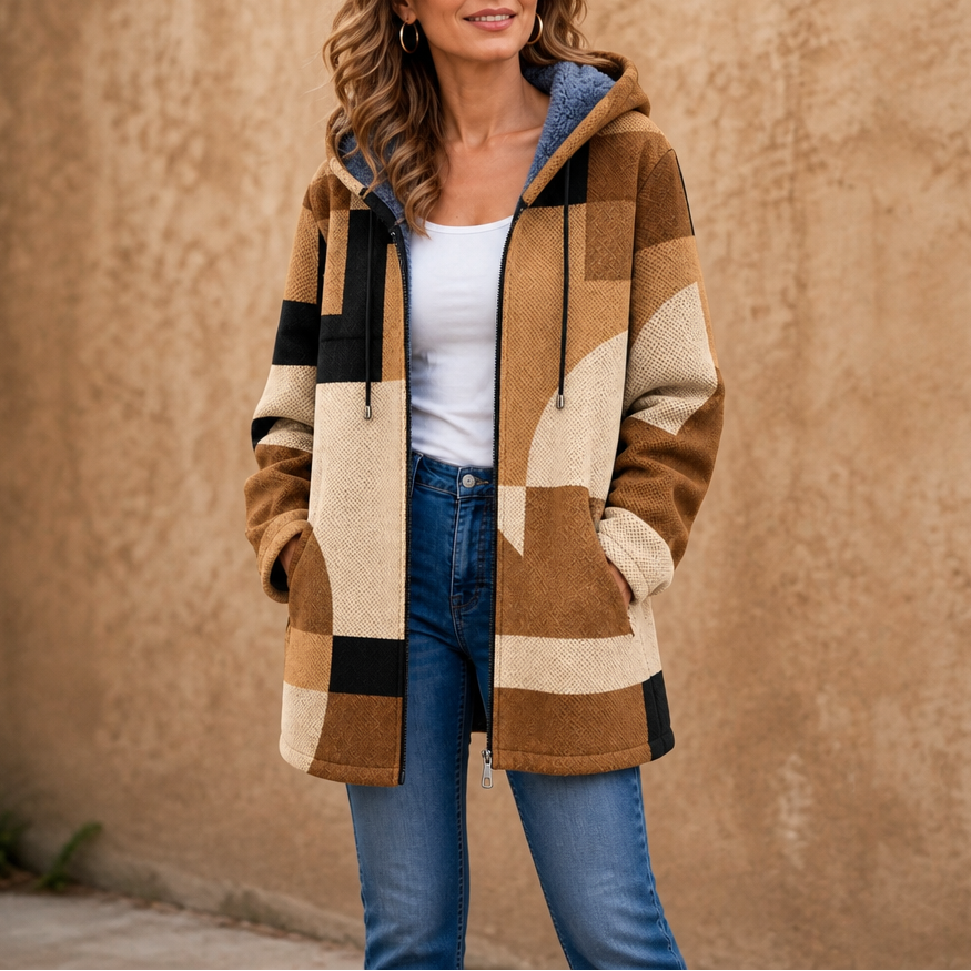 Tan geometric color-block hooded jacket with full zipper, pockets, and drawstring hood.