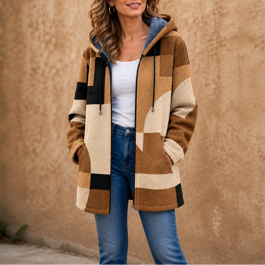 Tan geometric color-block hooded jacket with full zipper, pockets, and drawstring hood.