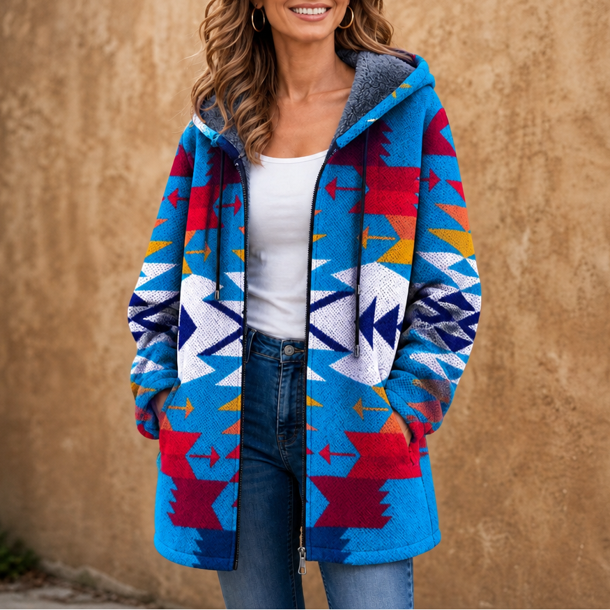 Geometric color-block hooded jacket with zip front, blue red white pattern