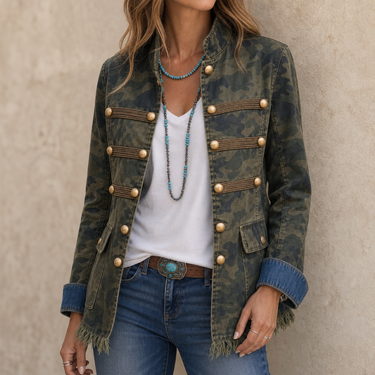 Gold Button Camouflage Denim Jacket