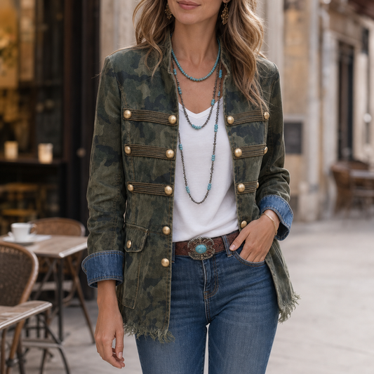 Camouflage denim jacket in army green with gold snap placket and flap chest pockets