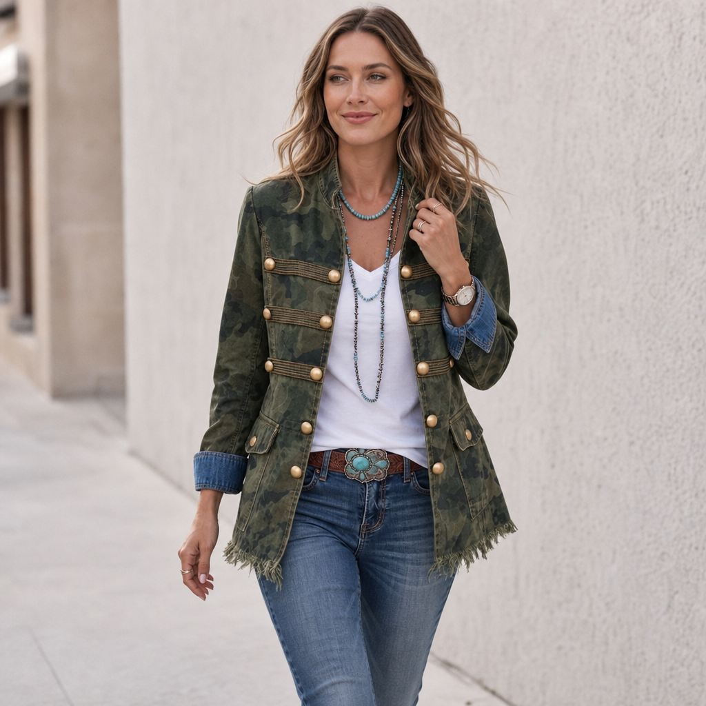 Gold Button Camouflage Denim Jacket