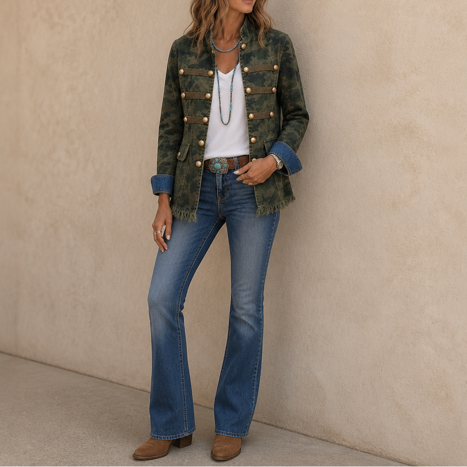 Gold Button Camouflage Denim Jacket