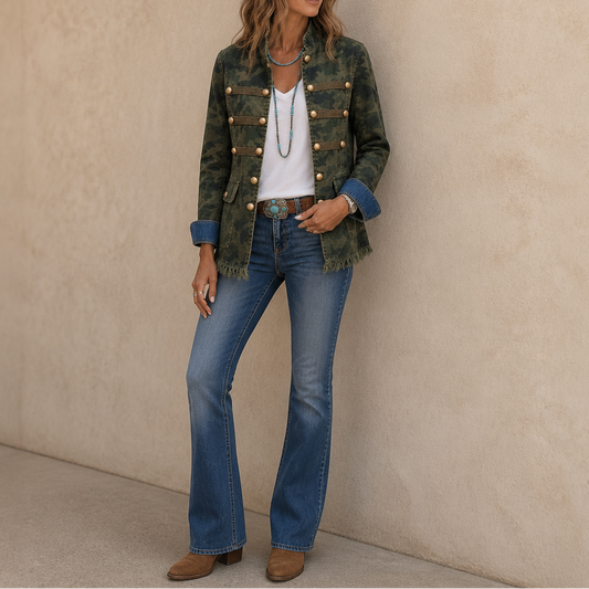 Army green camouflage denim jacket with gold buttons and chest flap pockets, frayed hem