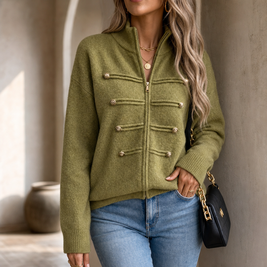 Olive green knit zip-front cardigan with gold-tone snap buttons and flap pockets