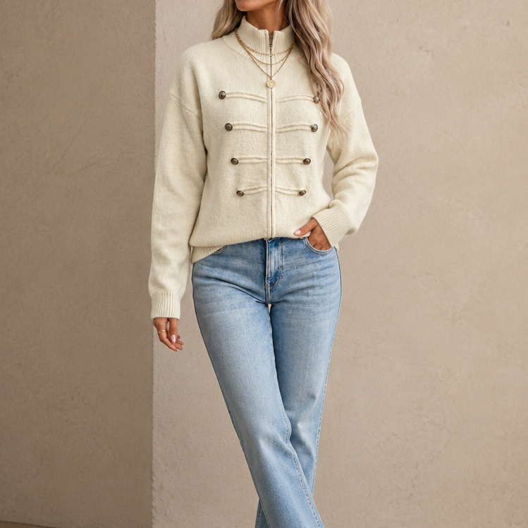 Beige knit military-style cardigan with front zipper and gold button detailing