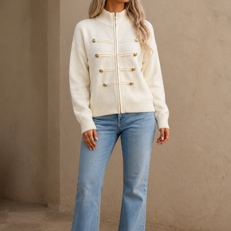 Cream knit military-style cardigan with front zipper and gold button trim