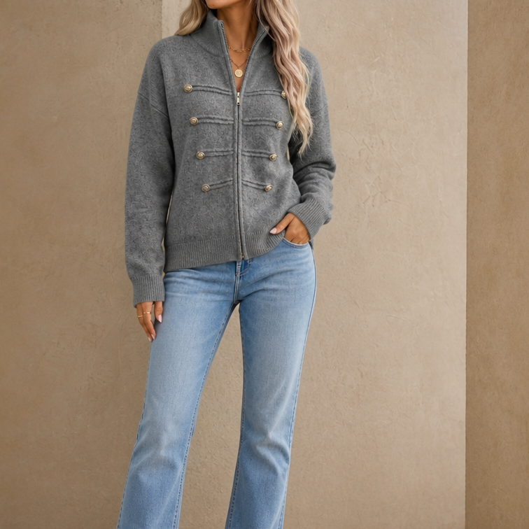 Charcoal gray military-style knit cardigan with gold buttons, front zipper, stand collar