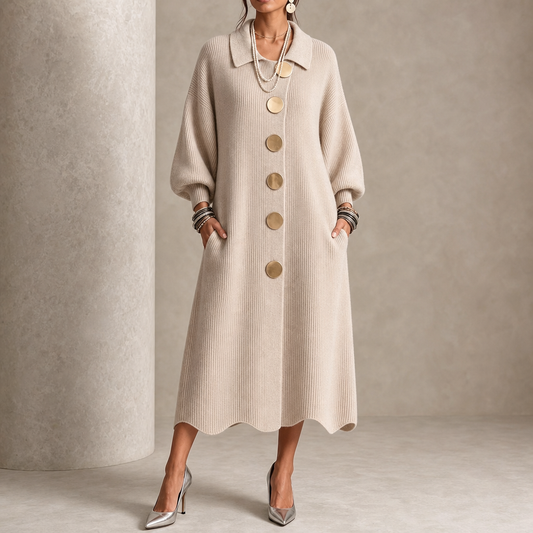 Beige ribbed knit maxi dress with gold buttons and lantern sleeves