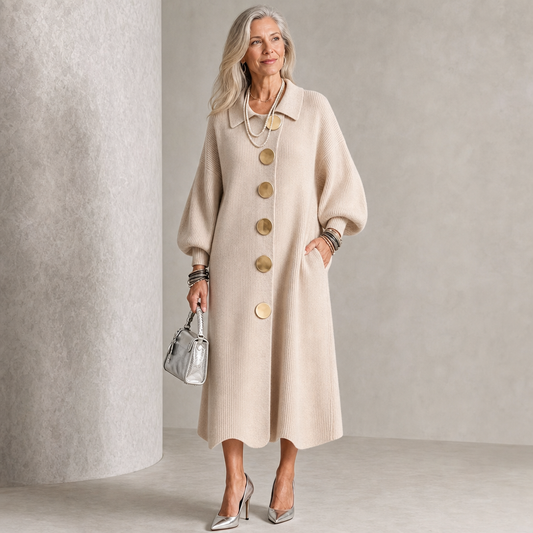 Beige ribbed knit maxi dress with gold button front and balloon lantern sleeves