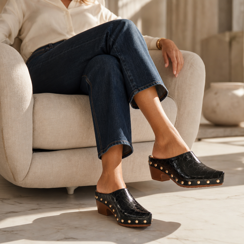 Black croc-embossed clog mules with gold dome studs and chunky wooden heel