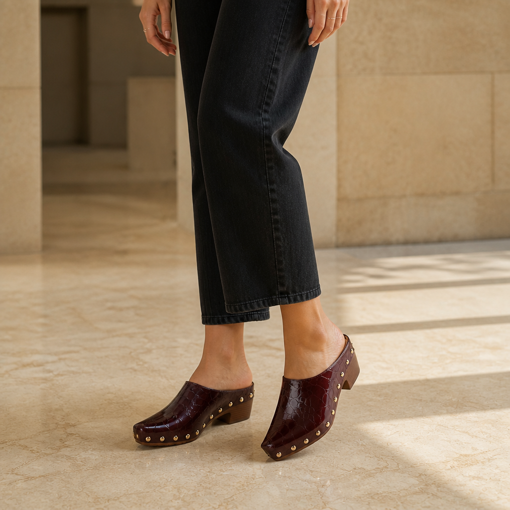 Burgundy croc-embossed clog mules with gold dome studs and chunky wooden heel