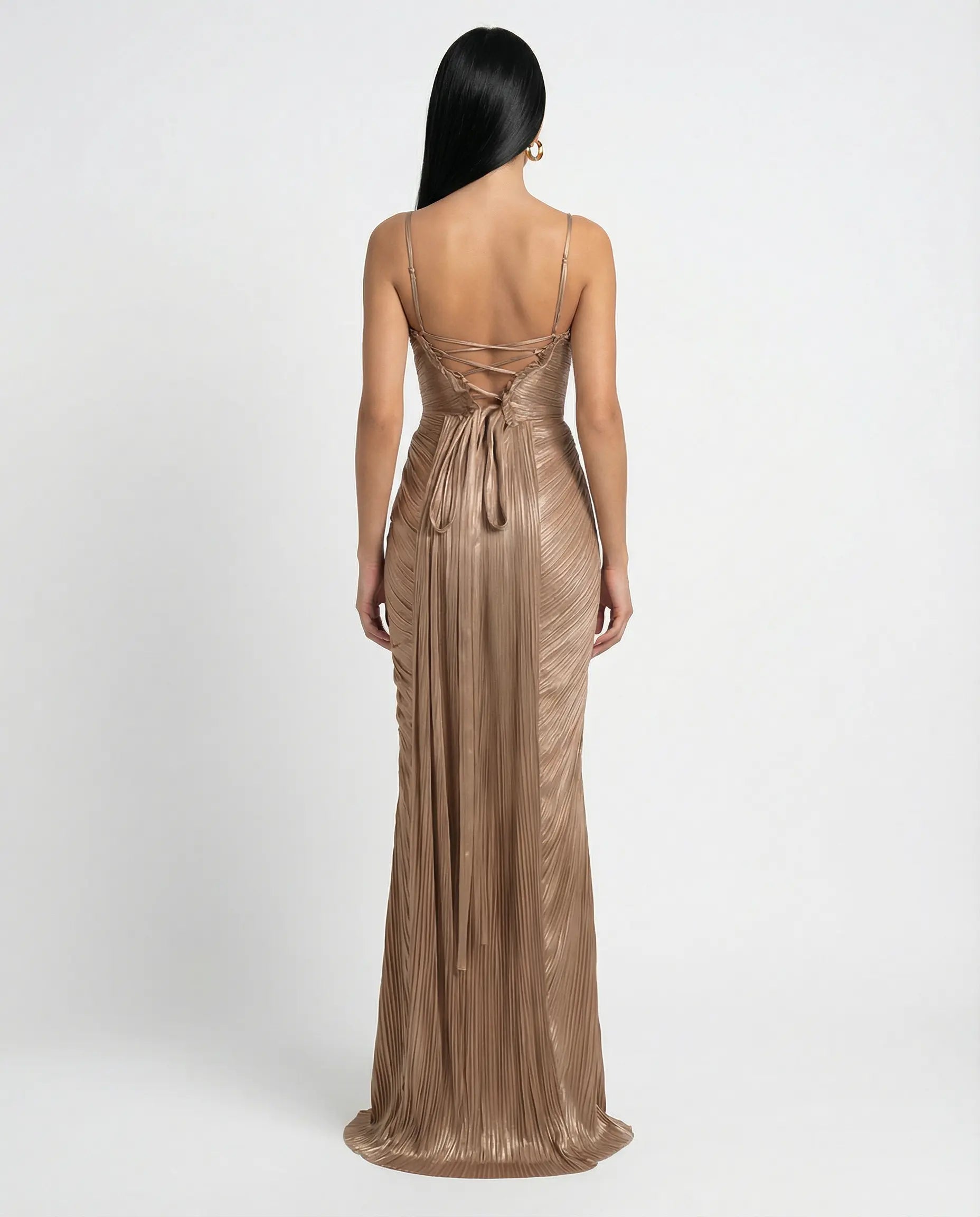 Gold pleated corset-style maxi dress, open back with tie and thin straps