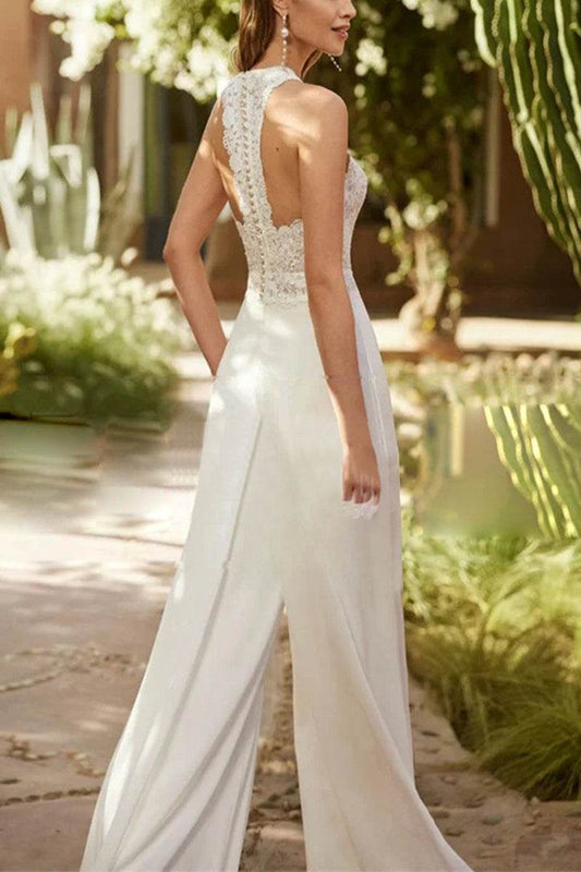 Ivory halter jumpsuit, open back with lace details and wide-leg floor-length legs