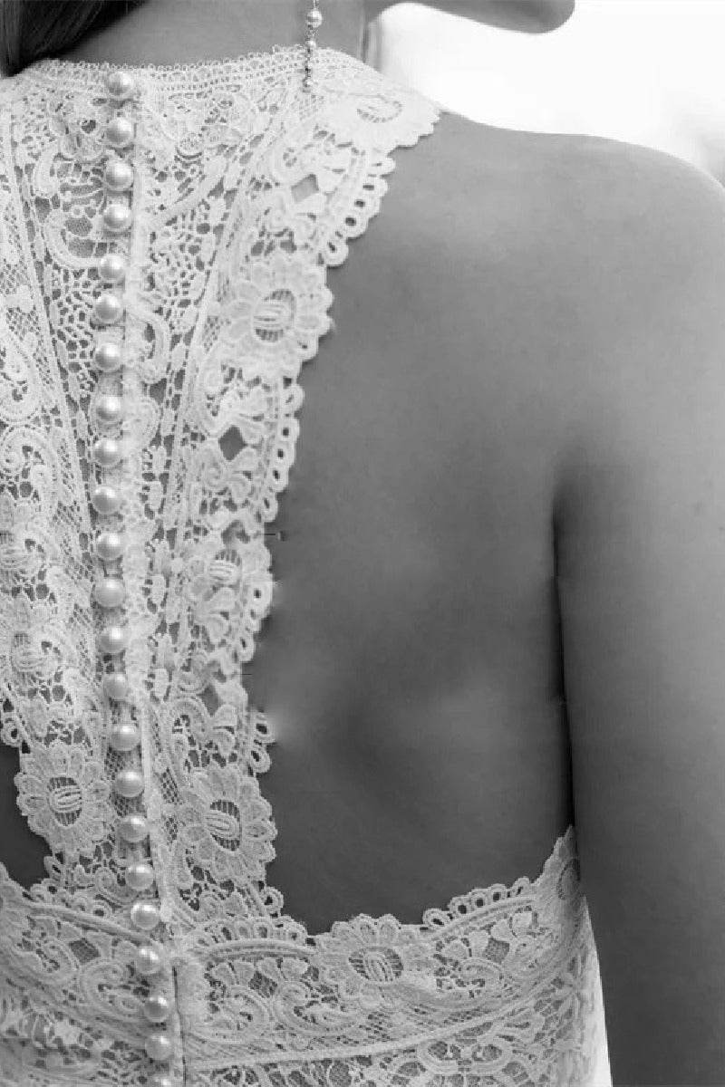 Ivory lace-trim halter jumpsuit back panel with pearl-button detailing