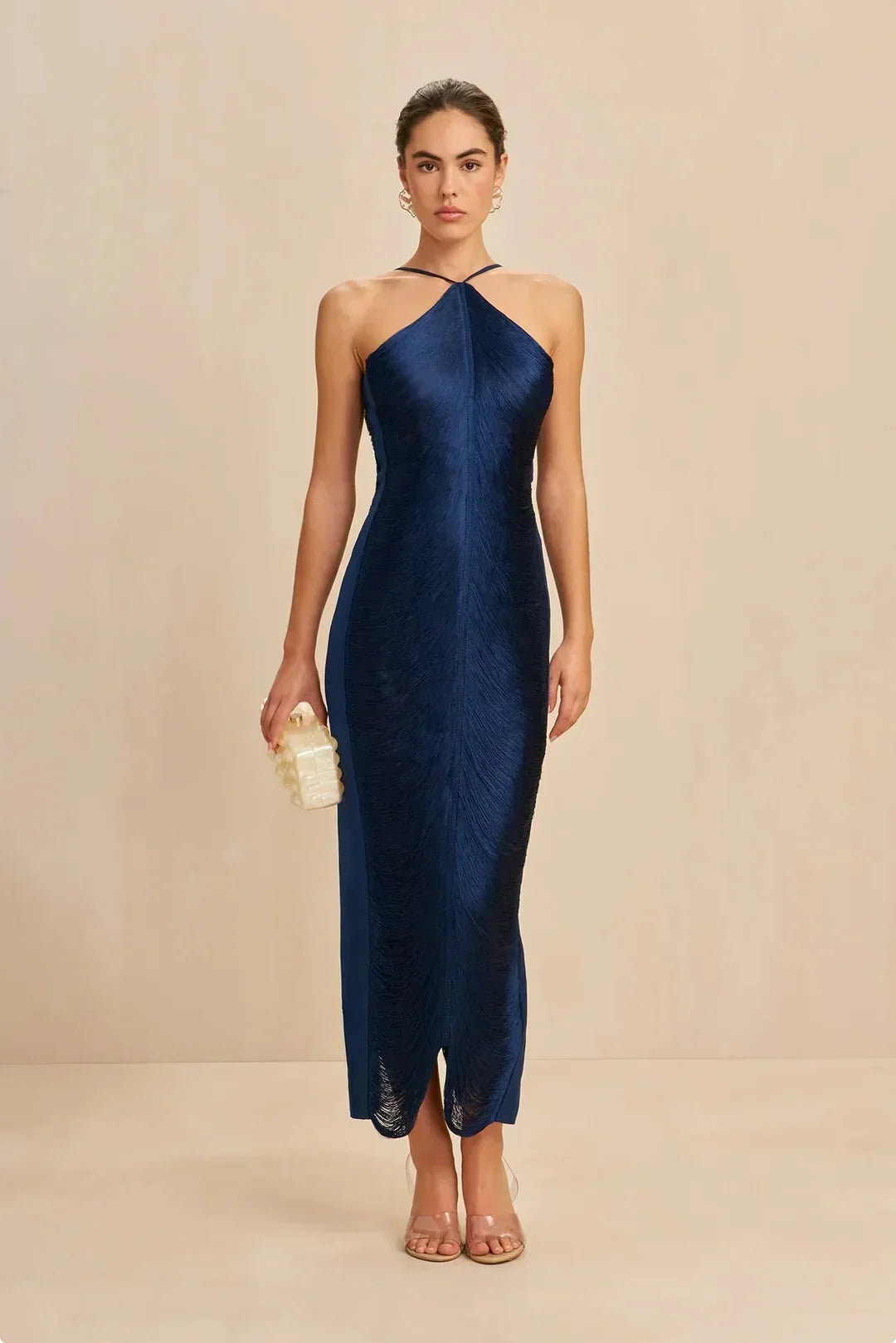 Ink blue halter maxi dress with halter neckline, open back, and slit hem