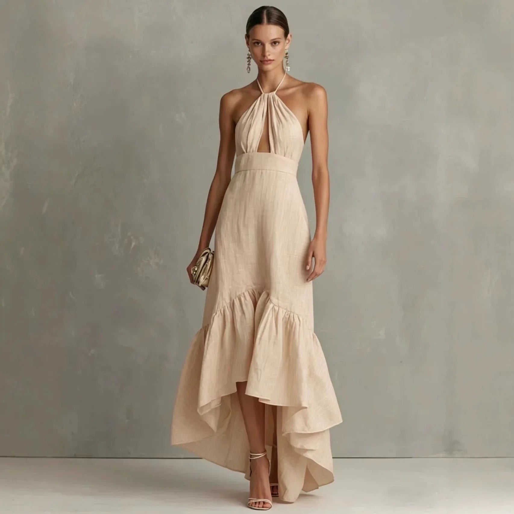 Apricot halter maxi dress with keyhole cutout and tiered asymmetric hem