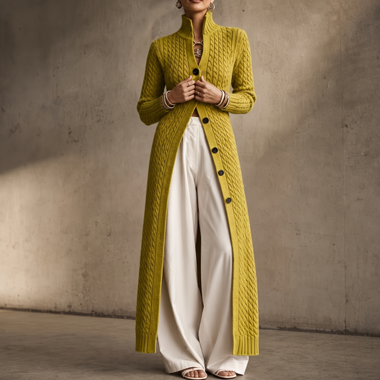 High Collar Cable-Knit Duster Cardigan
