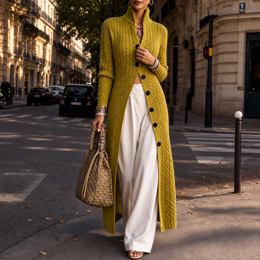 Long yellow green cable-knit cardigan with high neck, black buttons, open front design