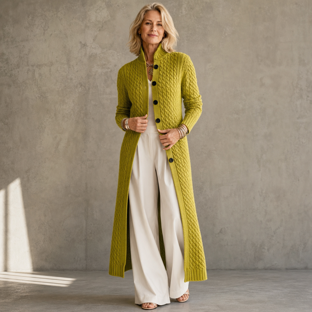 High Collar Cable-Knit Duster Cardigan