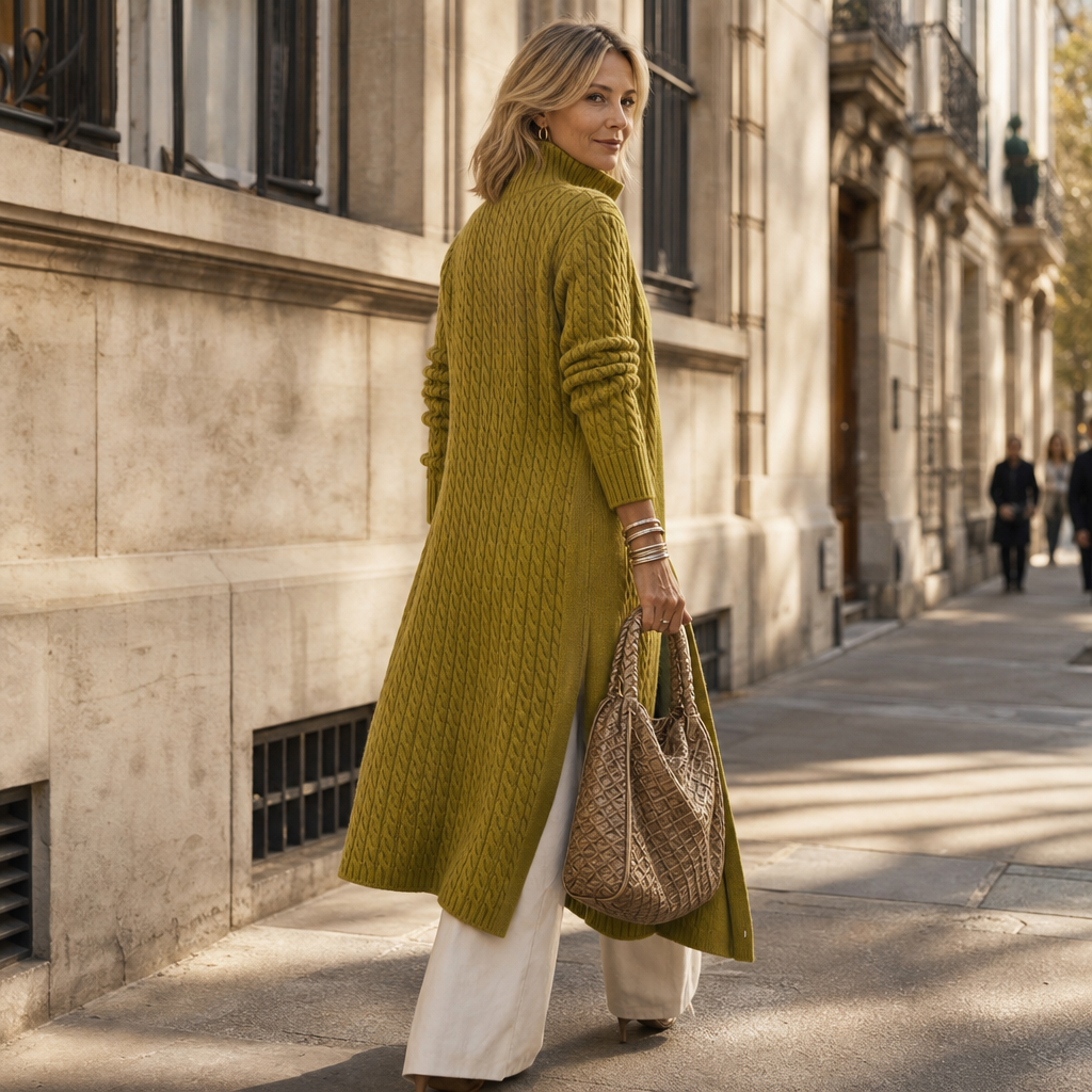 High Collar Cable-Knit Duster Cardigan