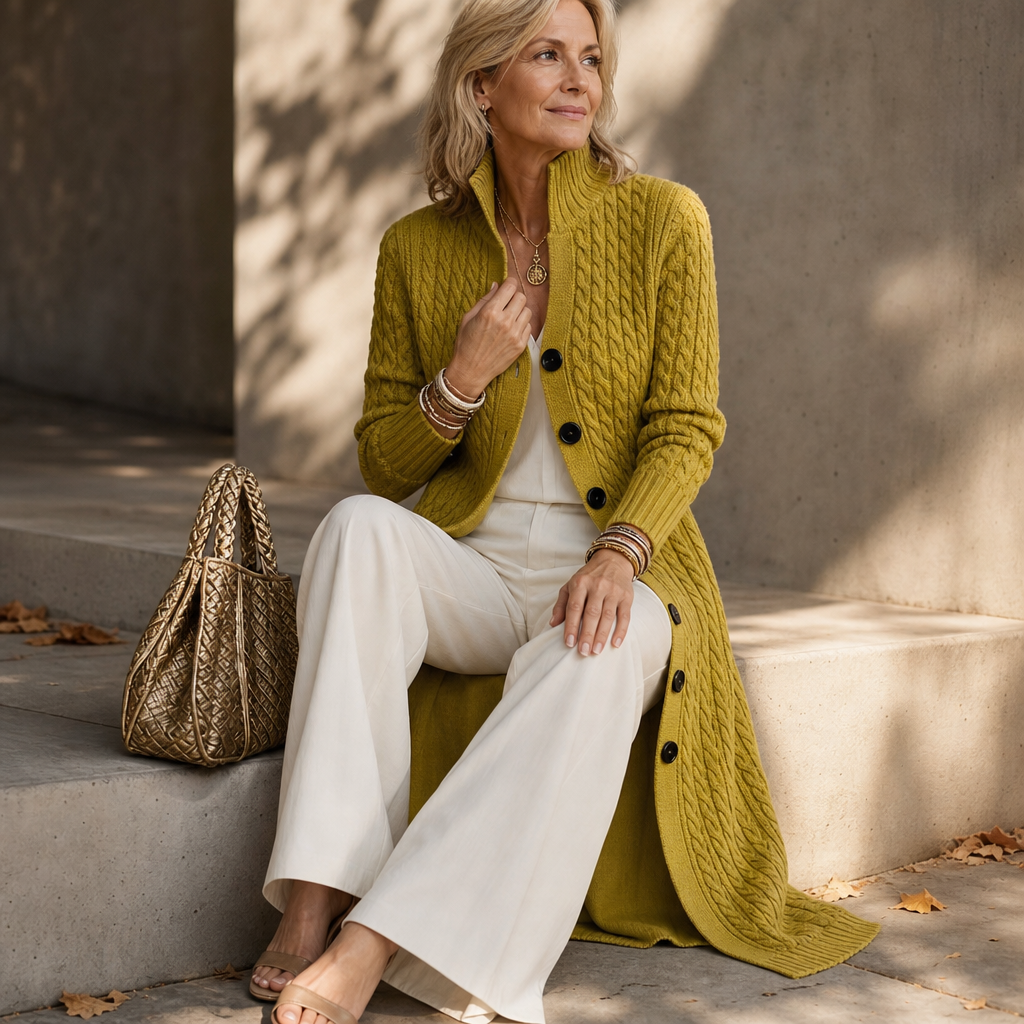 High Collar Cable-Knit Duster Cardigan