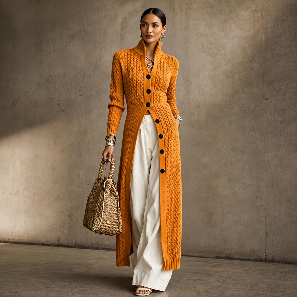 High Collar Cable-Knit Duster Cardigan