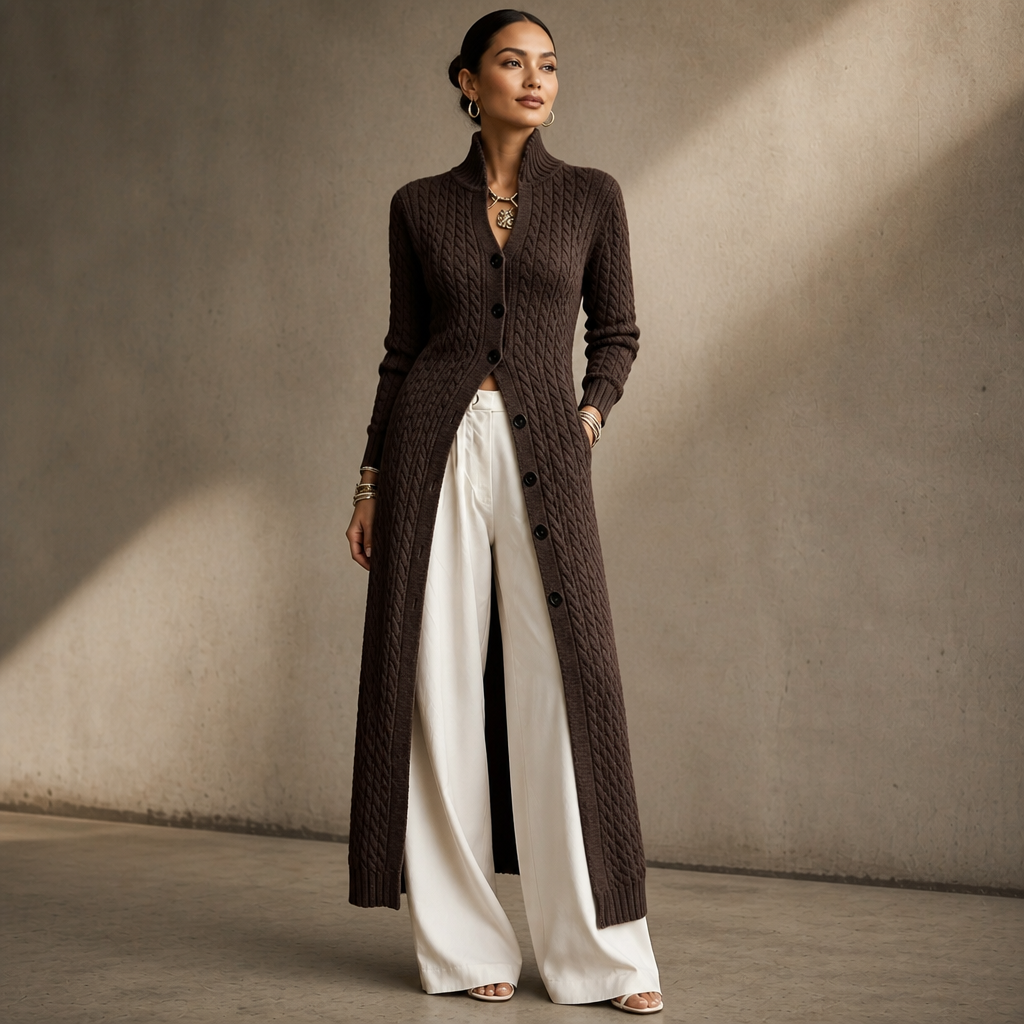 High Collar Cable-Knit Duster Cardigan