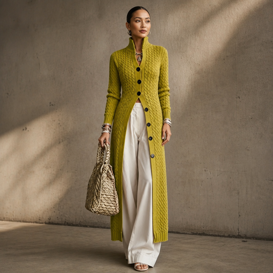 Yellow cable-knit duster cardigan with high collar and dark button front