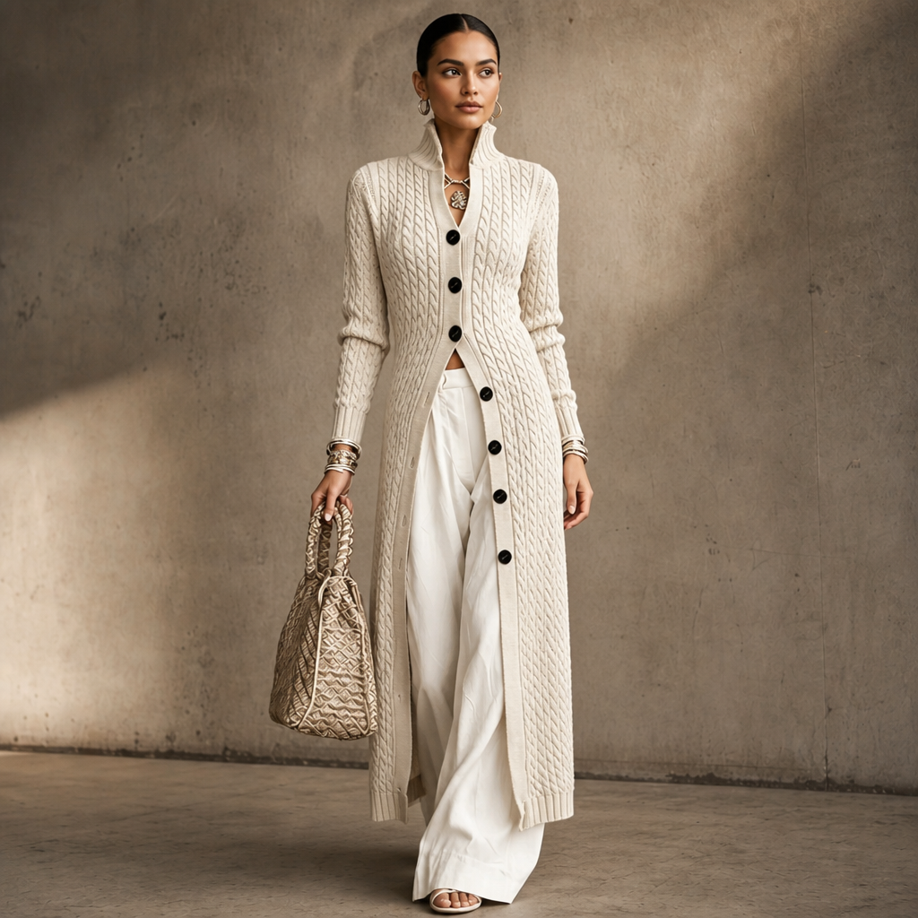 High Collar Cable-Knit Duster Cardigan