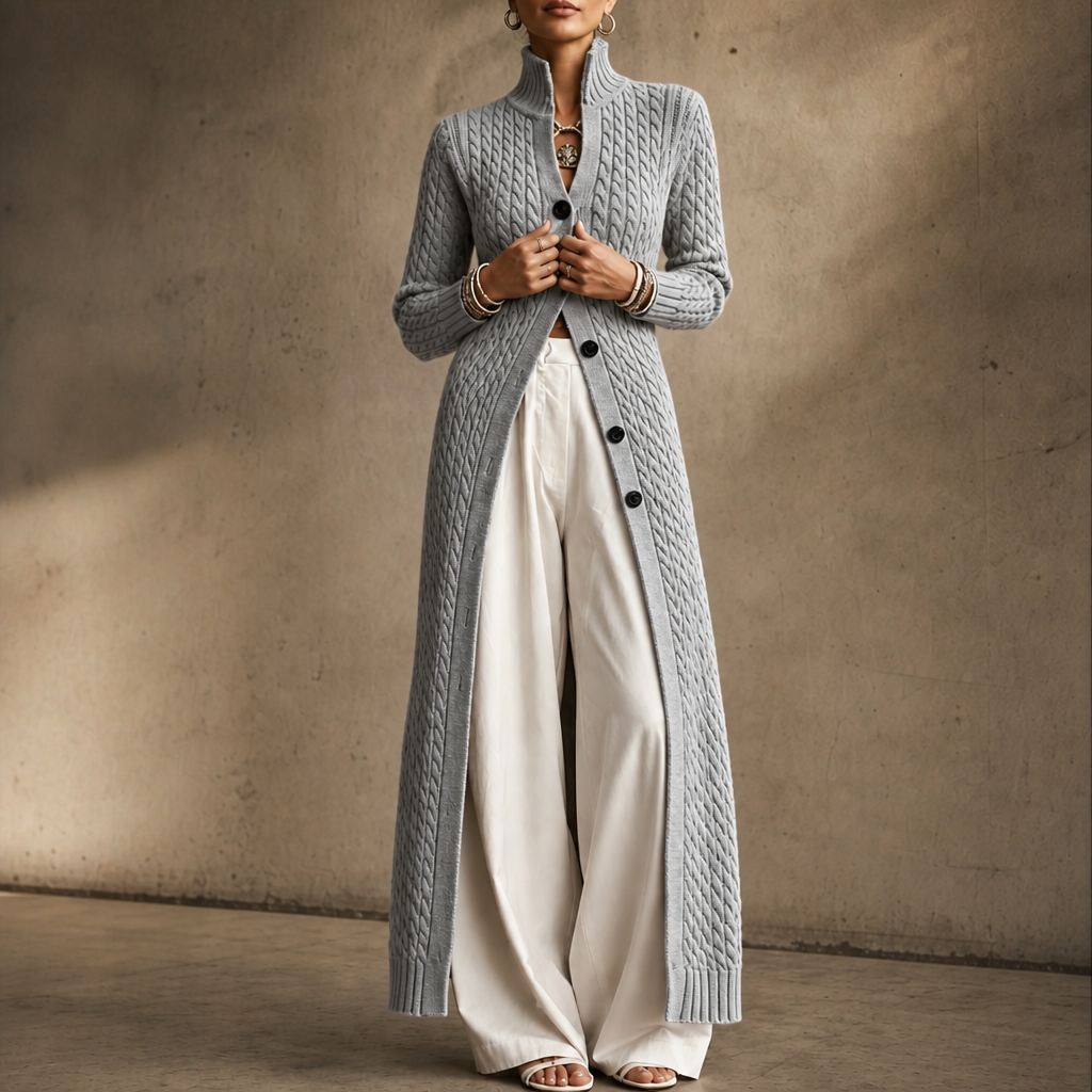 High Collar Cable-Knit Duster Cardigan