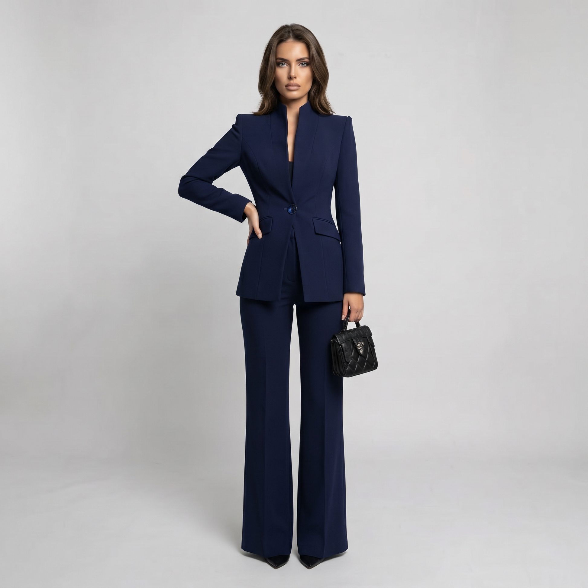 Navy high-neck blazer with tailored waistband and wide-leg trousers, styled with small handbag
